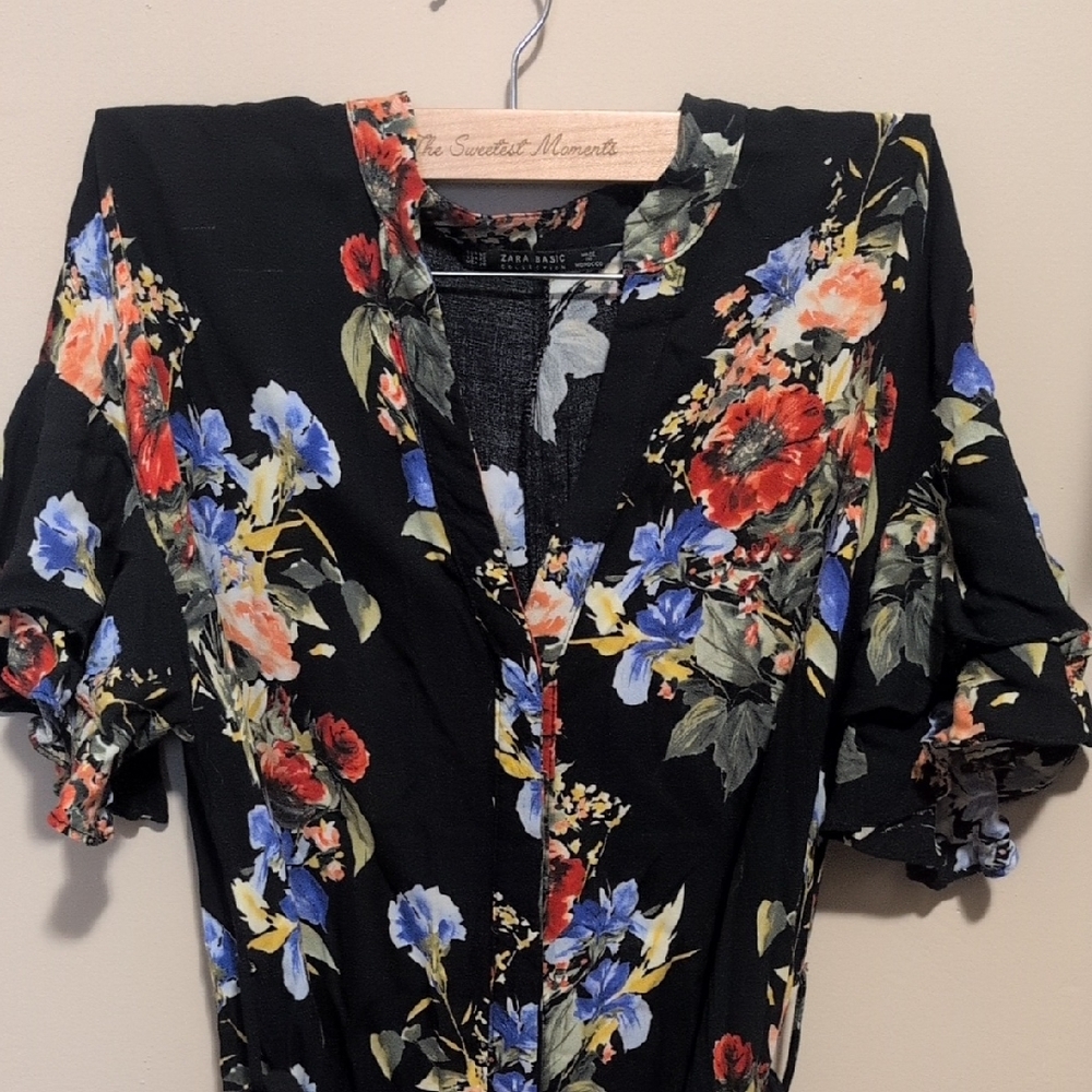 Zara Multicolor Belted Floral Print Midi Dress